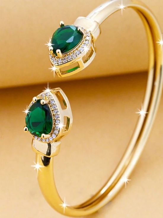 Jewelry - Gold Cuff Bracelet with Emerald Green Teardrop Stones
